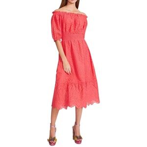 Betsey Johnson Off-the-Shoulder Eyelet Midi Dress in Pink | Size XS